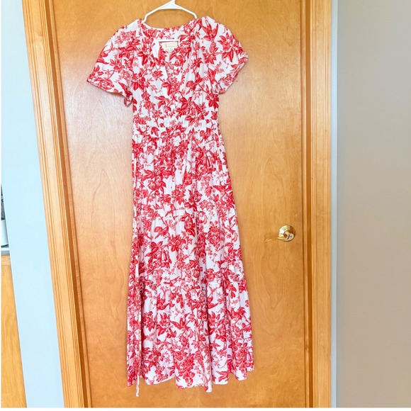 Anthropologie Somerset Red White Floral Toile Cotton Tiered Maxi Dress XS - Picture 2 of 10
